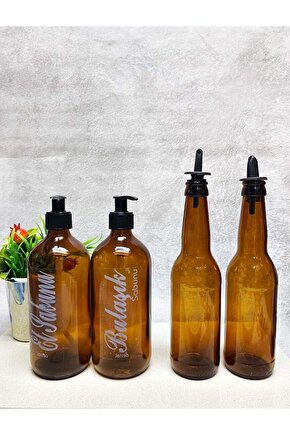 2li Akıtıcılı 330 Cc Yağlık 2li 500ml Amber Etiket Sabunluk Mutfak Yağlık Sabunluk Set