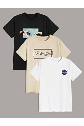 Oversize 3lü Paket Baskılı Bisiklet Yaka Tshirt