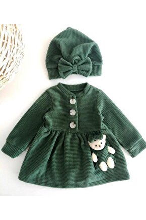 Kız Bebek Ahşap Düğmeli Ayıcıklı Boneli Kışlık Elbise Yeşil