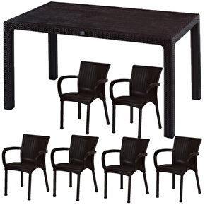 ADANT Rattan Balkon Bahçe 90*150 CAMLI MASA 6 Metal Ayaklı Koltuk 1 Sehba