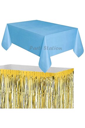 Masa Örtüsü ve Etek Set Plastik Mavi Renk Masa Örtüsü Altın Gold Renk Metalize Sarkıt Masa Eteği Set