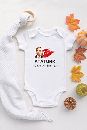 Atatürk 10 Kasım Bebek Body Zıbın Organik Baskılı Bebek Body %100 Pamuklu Beyaz Badi Zıbın
