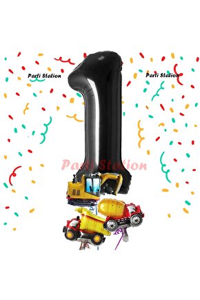 Siyah Renk Rakam Balon Küçük Boy İnşaat Balonlu 1 Yaş İnşaat Kamyon Konspet Doğum Günü Balon Set
