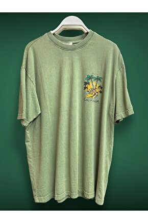 Caifornia Baskılı Yıkamalı Eskitmeli Oversize T-Shirt