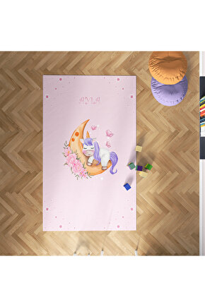 RONNA HOME Bebek ve Çocuk Odası Pembe Yavru Unicorn Desenli Dekoratif Antialerjik Halı RNNCH-081