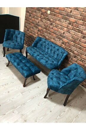 Turkuaz Çay Seti Berjer Koltuk Takımı 2+1+1 Koltuk ve Bench Bank