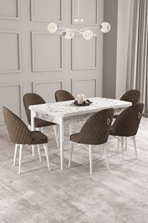 Arya Beyaz Mermer Desen 70x114 Mdf Açılabilir Mutfak Masası Takımı 6 Adet Sandalye