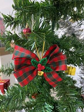 10lu Ekose Desenli Çan ve Kokina Detaylı Fiyonk Yılbaşı Çam Ağacı Süsü Yeni Yıl Christmas