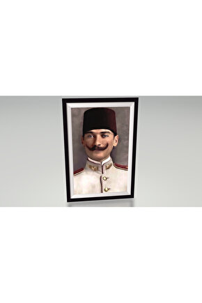 genç subay Mustafa Kemal Atatürk çerçeve görünümlü tablo retro ahşap poster
