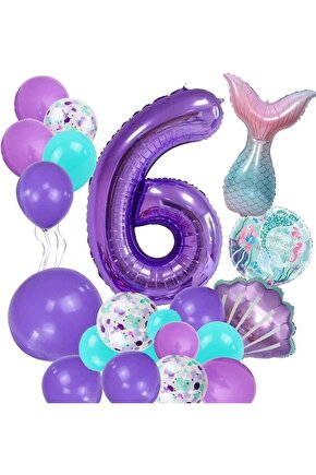 Mor Rakam Balon 6 Yaş Deniz Kızı Temalı Doğum Günü Parti Kutlama Seti Konsept 1