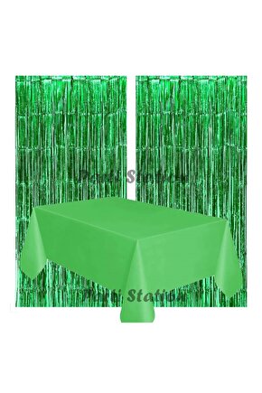 2 Adet Yeşil Renk Metalize Arka Fon Perdesi ve 1 Adet Plastik Yeşil Renk Masa Örtüsü Set