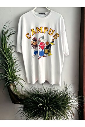 Kampüs Cartoon Tek Taraf Baskılı Oversize Pamuklu T-shirt