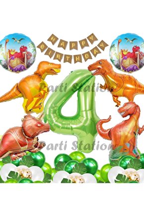 Orman Tema Jurassic Park Dinozor Konsept Yeşil Rakam Balon 4 Yaş Dev Balonlu Doğum Günü Balon Set