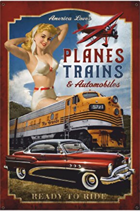 Pin Up Kızı Klasik Araba Vintage Tren Uçak Retro Ahşap Poster