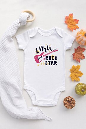 Organik %100 Pamuk Kısa Kollu Beyaz Little Rock Star Bebek Body Bebek Badi Çıtçıtlı Zıbın