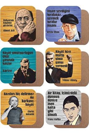 Yılmaz Güney, Ahmet Arif, Kafka, Sartre, Attila Ilhan, Bukowski 6lı Ahşap Bardak Altlığı Seti