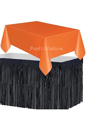 Masa Örtüsü ve Masa Eteği Set Plastik Turuncu Renk Masa Örtüsü Siyah Renk Metalize Masa Eteği Set