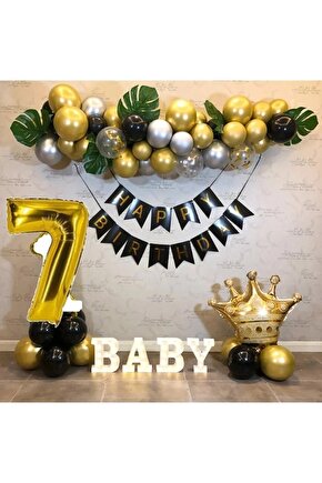 Kral Taçlı Balon Seti 7 Yaş Happy Birthday Zincir Balon Doğum Günü Seti