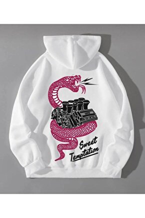 Kapşonlu Oversize Siyah Pink Snake Sırt Baskılı Beyaz Sweatshirt