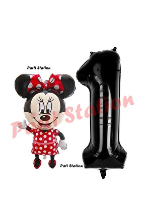 Minnie Mouse 1 Yaş Doğum Günü Set Minnie Mouse Konsept Balon ve Siyah Rakam Balon Set