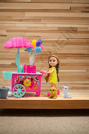 Nini Love Dondurma Arabası Hareketli Eklem Bebek Köpek Ve Kedili Balonlu Bebek Oyun Seti