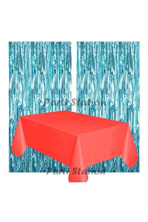 2 Adet Mavi Renk Metalize Arka Fon Perdesi ve 1 Adet Plastik Kırmızı Renk Masa Örtüsü Set