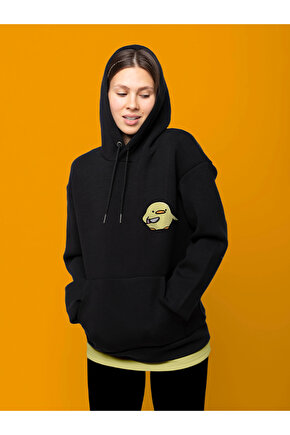 Katil Civciv Baskılı Tasarım 2 Iplik Şardonlu Siyah Hoodie Sweatshirt