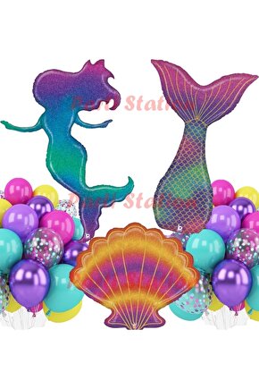 Deniz Kızı Kuyruk ve İstiridye Folyo Balon Deniz Kızı Konsept Parti Doğum Günü Büyük Folyo Balon Set