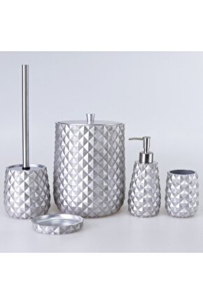 Home Piramit Gümüş Polyester 5 Parça Banyo Seti