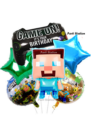Minecraft Oyun Konsolu Yıldız Balonlu Konsept Doğum Günü Balon Set Minecraft Balon Set