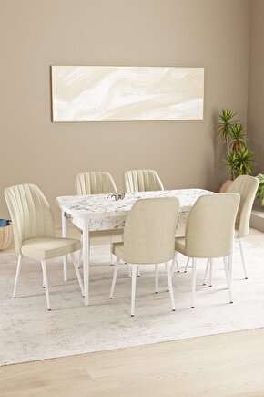 Floryn Mdf Beyaz Mermer Desen Açılabilir 80x132 Cm 6 Sandalyeli Mutfak Masası Takımı