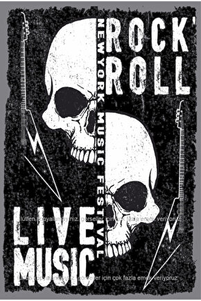 Rock n Roll Müzik Gitar Kurukafa Ev Dekorasyon Tablo Retro Ahşap poster