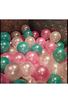 30 Adet Metalik Mint Yeşili Pembe  Beyaz Balon, Helyumla Uçan Balon