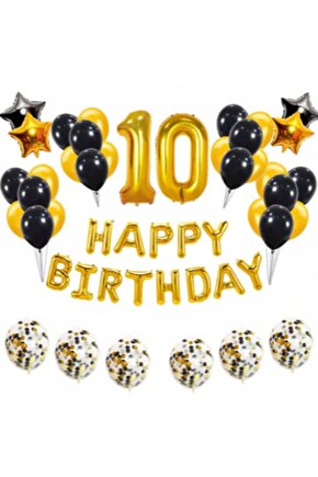10 Yaş Konfetili Balon Doğum Günü Seti Gold Siyah