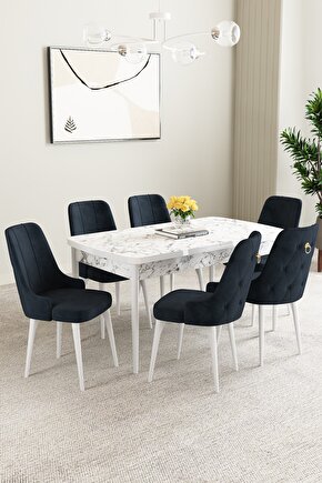 Clara Beyaz Mermer Desen 80x132 Açılabilir Yemek Odası Takımı 6 Adet Sandalye