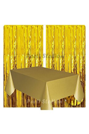 2 Adet Altın Gold Renk Metalize Arka Fon Perdesi ve 1 Adet Plastik Altın Gold Renk Masa Örtüsü Set