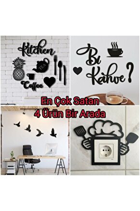 Kitchen 9 Parça + Mutfak Priz + Bi Kahve + 4lü Kuş Duvar Dekoru 4 Ürün 1 Arada