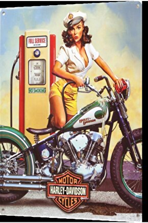 Benzin Istasyonu Klasik Motor Pin Up Kızı Retro Ahşap Poster