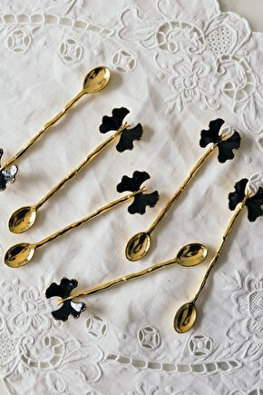 6lı Şıklık İkonu Altın & Siyah Kelebek Desenli Dekoratif Çay Kaşığı Seti