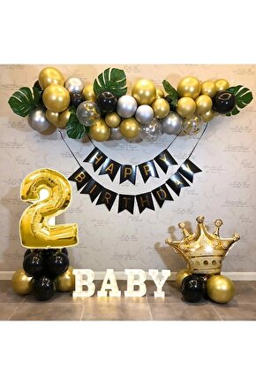 Kral Taçlı Balon Seti 2 Yaş Happy Birthday Zincir Balon Doğum Günü Seti