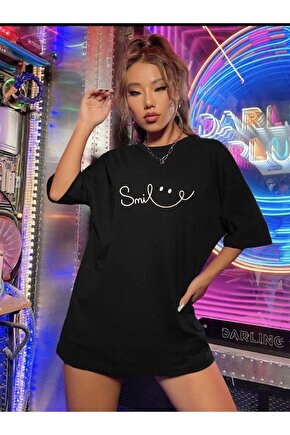 Oversize Unisex Smile Yazılı Siyah Tshirt