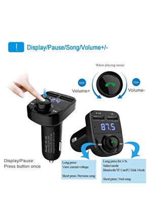 Car X8 Bluetooth Araç Kiti Fm Transmitter Çift Usb Girişli Cn-43