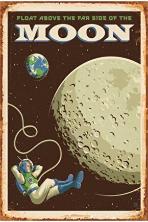 Eğlenceli Uzay Ve Gezegenler Ay Retro Ahşap Poster