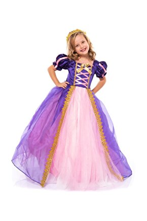Rapunzel Kostüm - Kabarık Rapunzel Kostüm - Taçlı Pelerinli Rapunzel Kostüm - Tarlatanlı