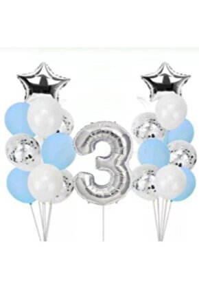 3 Yaş Konfetili Şeffaf Balon Doğum Günü Parti Seti