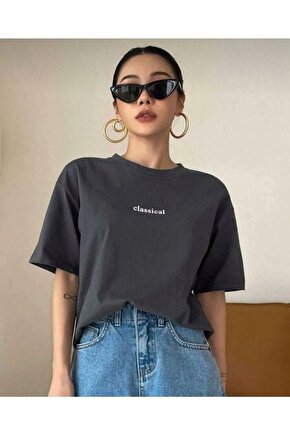 Kadın Oversize Classical Baskılı Antrasit Tshirt