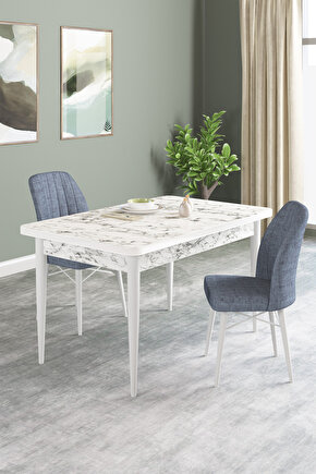 Vena Beyaz Mermer Desen 70x110 Sabit Mutfak Masası 2 Adet Sandalye
