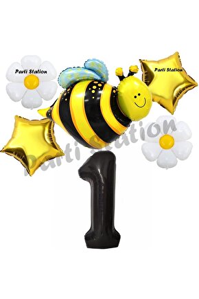Bee Arı ve Papatya Konsept 1 Yaş Balon Set Arı Balon ve Siyah Rakam Balon Doğum Günü Balon Set
