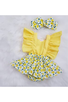 Kız Bebek Sarı Bandanalı Limon Baskılı Salopet Takım