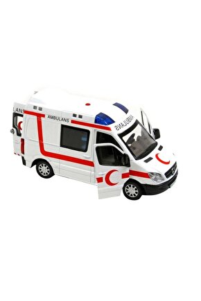 Lisanslı Metal Model Oyuncak Ambulans Sesli ve Işıklı Kapıları Açılır Diecast Çek Bırak Özellikli
